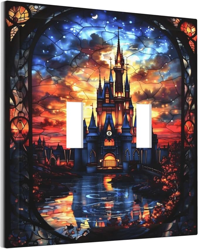 Medieval Fantasy Castle Magic Academy Decorative Switch Plates 2 Gang Double Toggle Outlet Light Switch Cover Wall Plate Electrical Faceplate for Kids Room Bedroom Decor