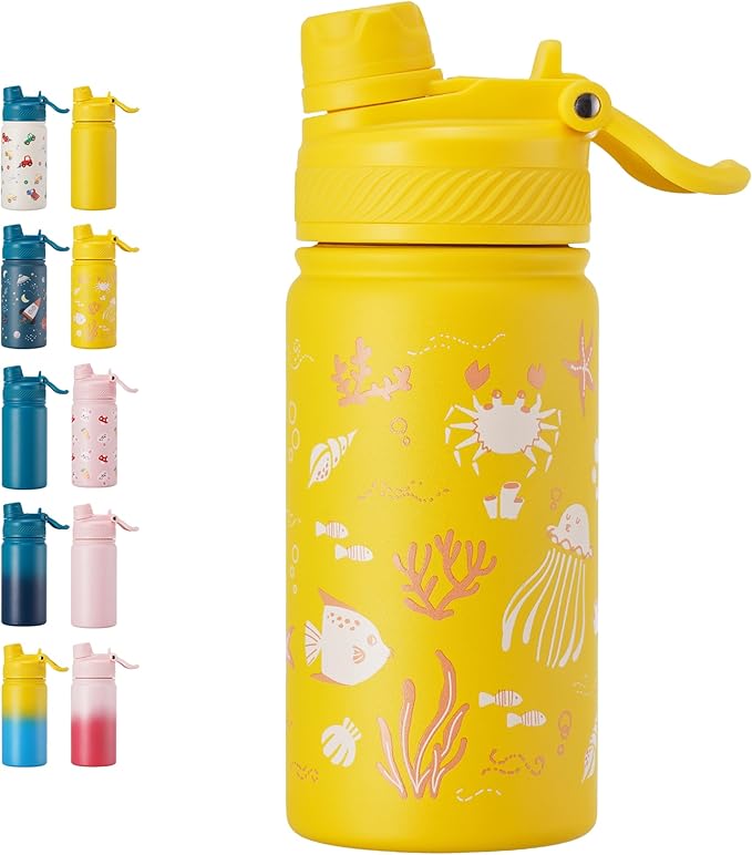 Fijinhom 12 oz Kids Water Bottle, 2-in-1 Stainless Steel Vacuum Insulated Water Bottle for Toddler, Leak Proof Spout & Straw, Double Wall Thermal Flask for Boys&Girls, School, Outdoor, Travel (Ocean)