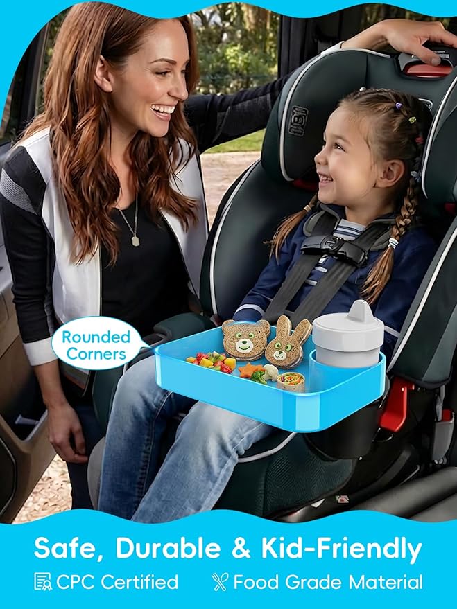 Car Seat Cup Holder Snack Tray for Kids, Reduces Mess, Detachable Large Base & Adjustable Ring, Carseat Tray for Toddler, Car Seat Food Tray Eating Table for Kids Travel Road Trip -Sky Blue