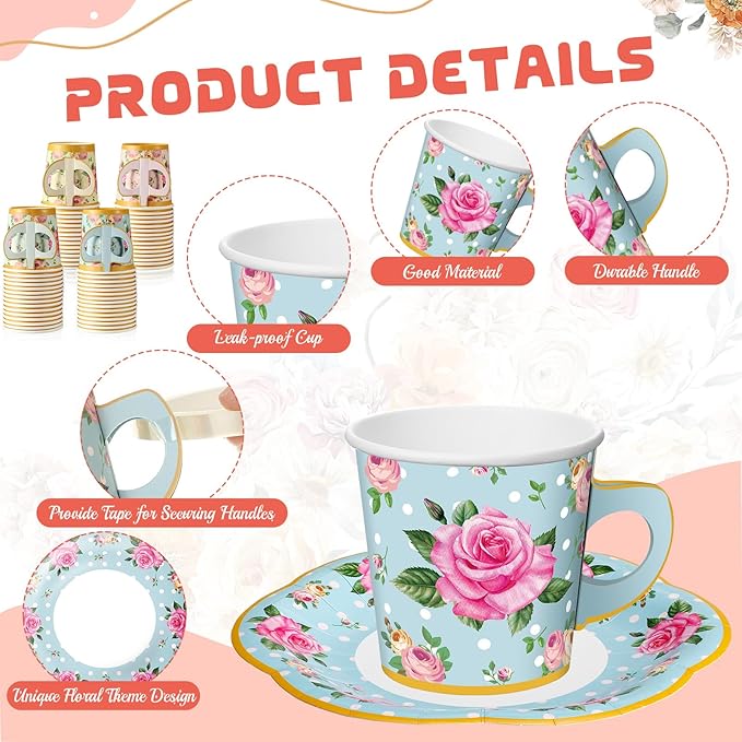 Umigy 36 Sets Mother's Day Tea Party Decorations 9 oz Floral Paper Teacups & Saucer Set for Girls Women Tea Parties Mothers Day Bridal Shower Wedding Birthday Party Decorations(Multicolored)