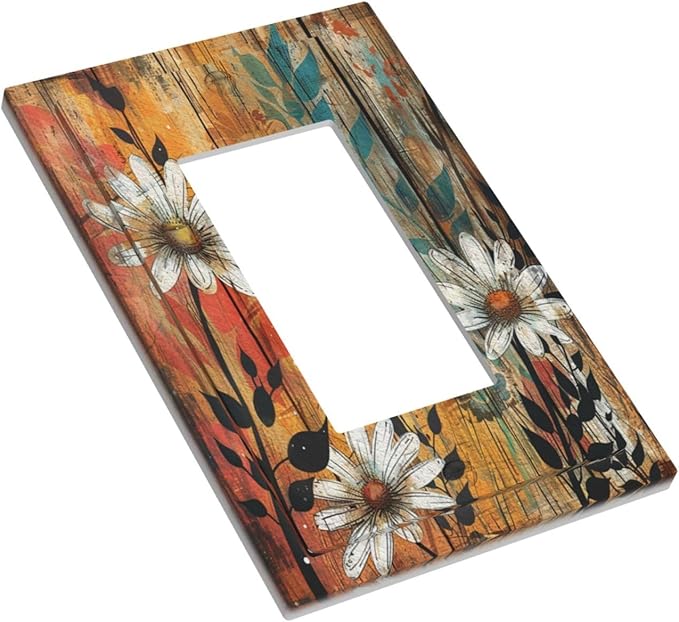 Light Switch Cover Plate Vintage Wooden Daisies Butterflies Floral 1 Gang Outlet Covers Single Rocker Decorative Switch plates Electrical Wall Plates GFCI Receptacle for Bathroom Farmhouse