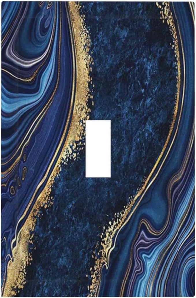 Abstract Navy Blue Marble 1 Gang Light Switch Plate Decorate Single Toggle Wall Plate Cover Electrical Switchplate Faceplate Modern Luxury Art Agate Stone Watercolor Gold Line Boys Bedroom Room Decor