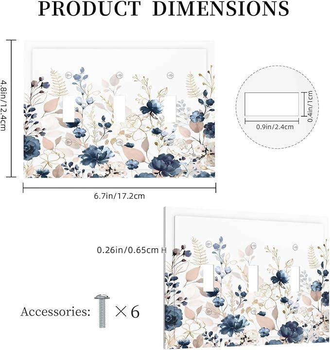 Blue Flora Boho Vintage Flower Golden Leaves Decorative Switch Plates 3 Gang Wall Plate Triple Toggle Light Switch Cover Faceplate Electrical Wall Panels for Bedroom Living Room Decor