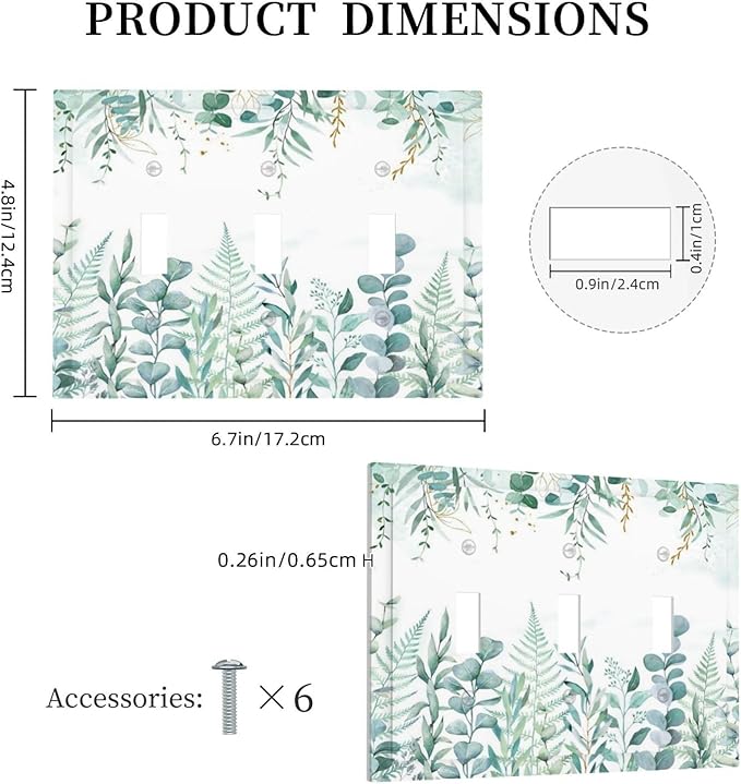 Boho Green Eucalyptus Leaf Floral Sage Flower Decorative Switch Plates 3 Gang Wall Plate Triple Toggle Light Switch Cover Faceplate Electrical Wall Panels for Bedroom Living Room Decor