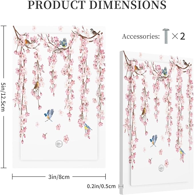 Pink Cherry Blossom Flower Vine Floral Tree Branch Birds Light Switch Cover Plate 1 Gang No Device Blank Electrical Wall Plates Faceplate Decorative Switch Plate Covers for Bedroom Living Room Decor
