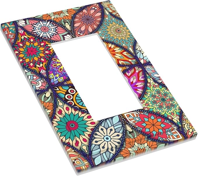 Boho Floral Pretty Colorful Mandala Flowers Decorative Outlet Covers 1 Gang Single Rocker Light Switch Cover Plate Wall Plates GFCI Faceplate for Bedroom Living Room Decor