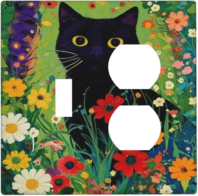 Decorative Art Light Switch Covers BlackCat&Flowers 2 Gang Single Toggle Duplex Combination Electrical Faceplate Switchplate Wall Plate for Home Decor