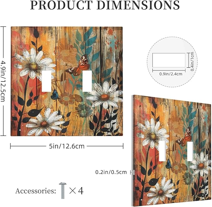 Light Switch Cover Plate Vintage Wooden Daisies Butterflies Floral 2 Gang Double Toggle Decorative Switch Plates Wall Plates Electrical Faceplate for Bathroom Farmhouse Decor