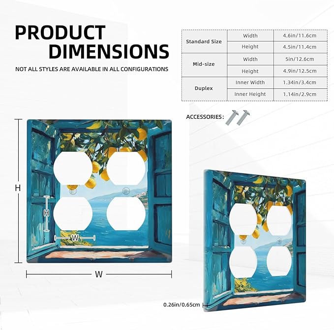 Window View Coastal Lemon Tree Mediterranean Landscape Outlet Covers 2 Gang Double Duplex Decorative Light Switch Covers Electrical Wallplates Socket Faceplate for Bedroom Living Room Decor