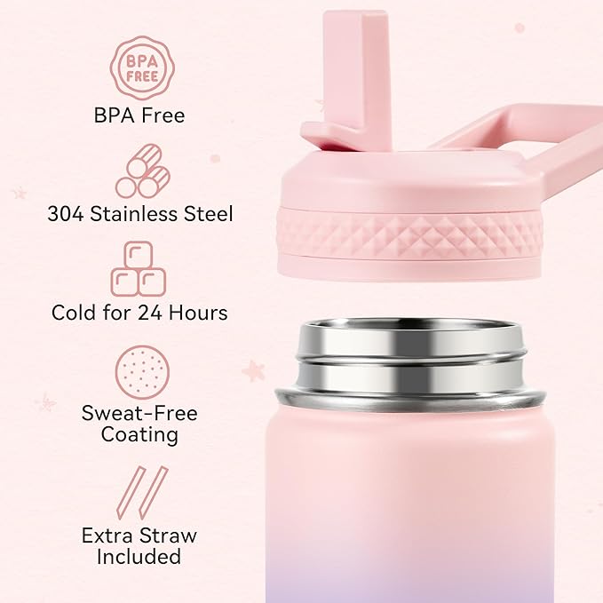 Fijinhom 12 oz Kids Water Bottle, Toddler Water Bottle with Straw, Boys&Girls Bottle for School, 304 Stainless Steel Vacuum Insulated Bottle for Kids, BPA-Free, Leak-Proof, Dreamy Purple