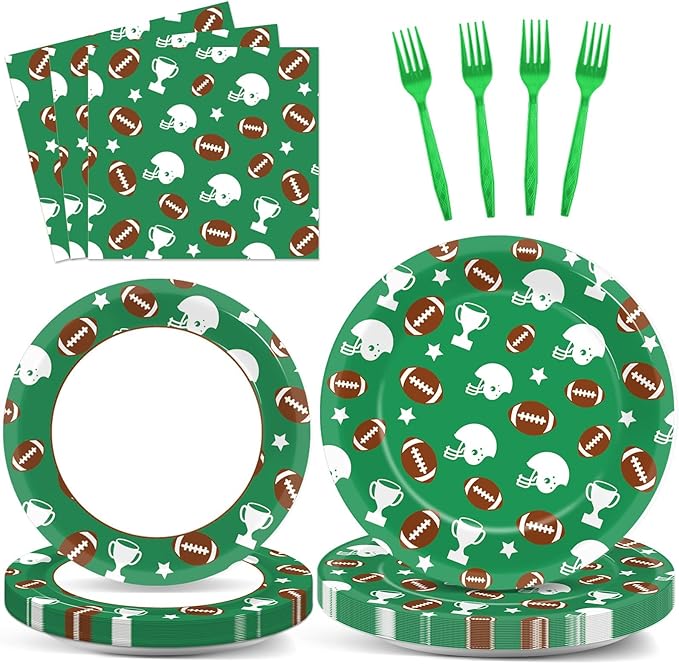 100 Pcs Football Party Plates Napkins Sports Rugby Party Decorations Disposable Paper Supplies Football Dessert Cake Dinnerware Tableware Football Theme Boys Baby Shower Birthday Party Favor Serves 25