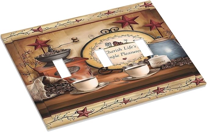 Simple Home Country Life Triple Toggle Decorator Outlet Light Switch Wall Plate Cover Kitchen Western Cabin Coffee Beans Cup Bar Clock Jumbo Decorative 3 Gang Three Device Receptacle Faceplate Cover