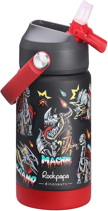 rockpapa 14 oz Kids Insulated Water Bottle，Stainless Steel Toddler Cups with Straws, BPA Free, Leak-Proof, Kids Water Bottle for School Boys&Girls (Black Dinosaur)