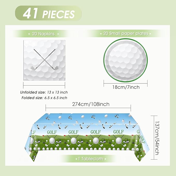 41PCS Golf Party Decorations Golf Sport Themed Party Supplies Include Golf Plates and Napkins Set,Plastic Tablecloth for Birthday Baby Shower Retirement Party,Serve 20