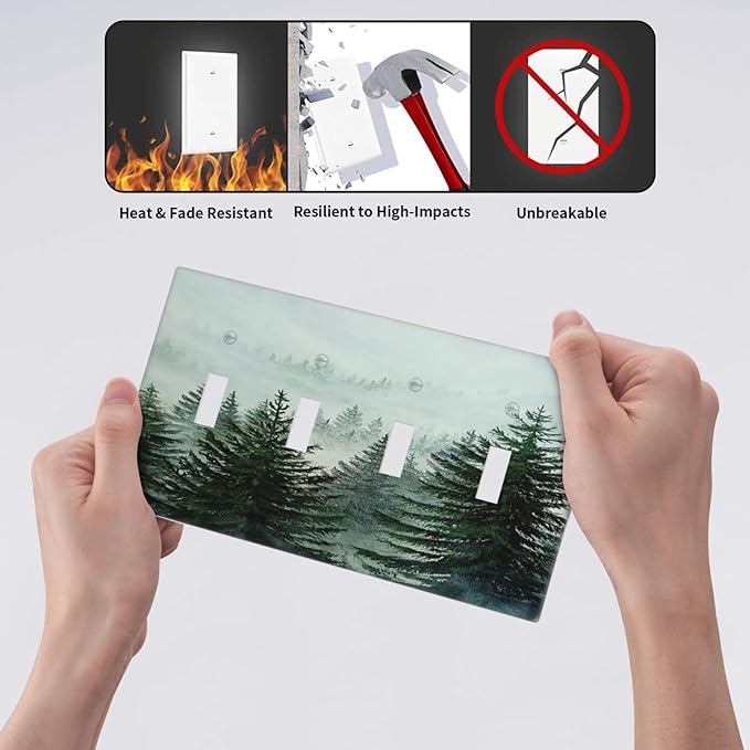 Forest Pinetrees Misty Landscape Nature Light Switch Covers Quad Toggle 4 Gang Wall Plate Decorative Switch Plates Electrical Faceplate for Bedroom Farmhouse Decor