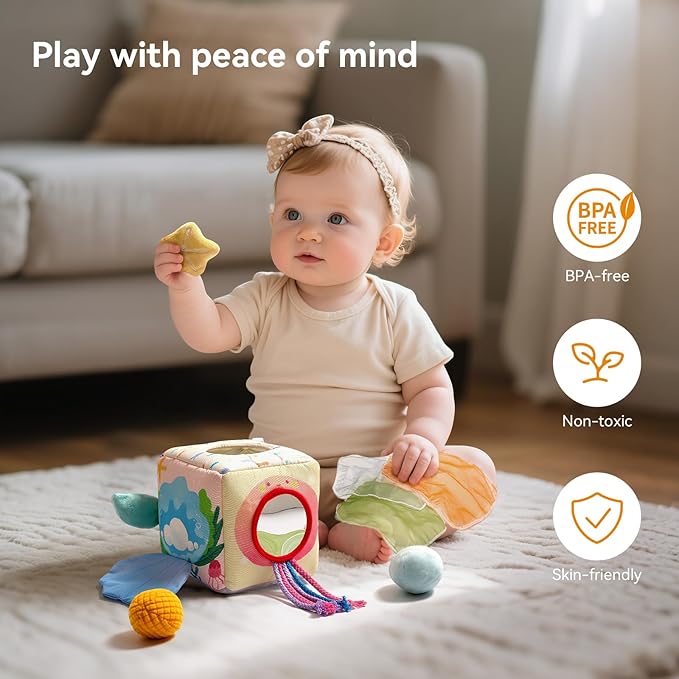 Youuys Baby Tissue Box Toy for Babies 6-12 Months - Montessori Sensory Busy Cube Toys with 3 Textured Balls & 12 Silky Scarves - Ideal Gift for Toddler Girls Ages 6 12 18 Months (Mermaid Theme)
