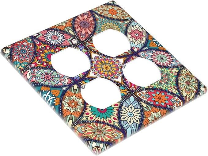 Boho Floral Pretty Colorful Mandala Flowers Outlet Covers 2 Gang Double Duplex Decorative Light Switch Covers Electrical Wallplates Socket Faceplate for Bedroom Living Room Decor