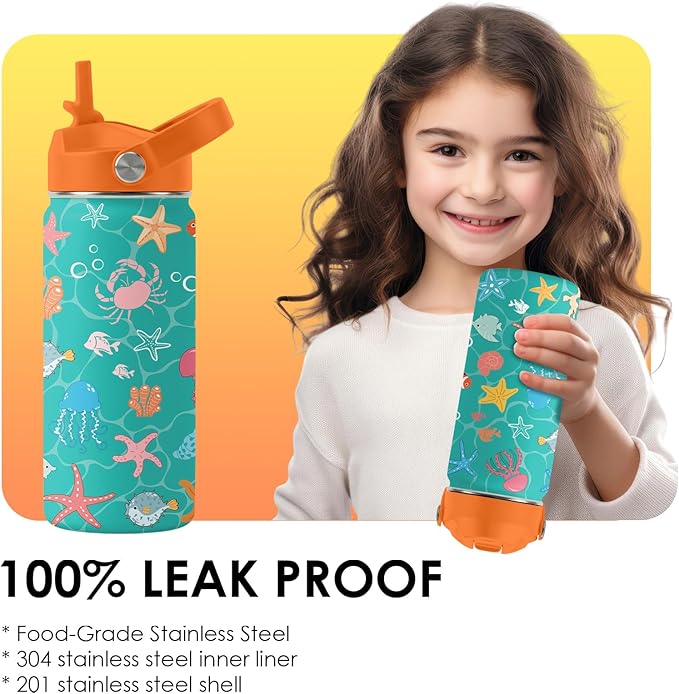 Ocean Gifts for Kids - 16 Oz Green Water Bottle with Straw Lid, Stainless Steel Insulated Tumbler, Leak Proof, BPA-Free, for Girls & Boys, School, Beach - Marine Life Lovers Birthday Gifts (1pc)