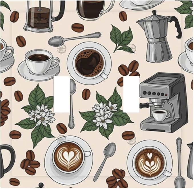 Whimsical Coffee Shop Double Toggle Switch Cover - 2-Gang Standard US Size Vintage Coffee Pattern Light Switch Covers, Café Culture Espresso for Dining Room Decor
