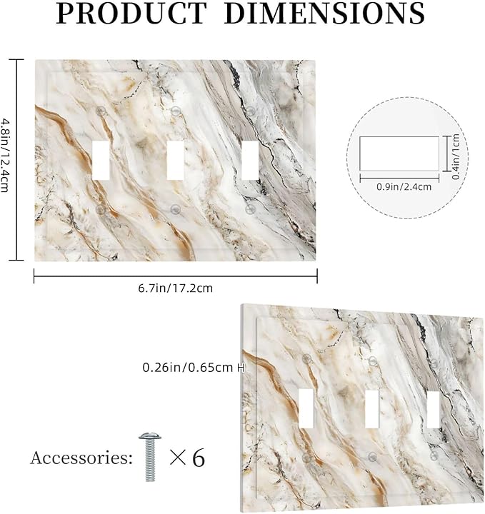 Matte Beige Gold Marble Granite Abstract Print Decorative Switch Plates 3 Gang Wall Plate Triple Toggle Light Switch Cover Faceplate Electrical Wall Panels for Bathroom Kitchen Decor