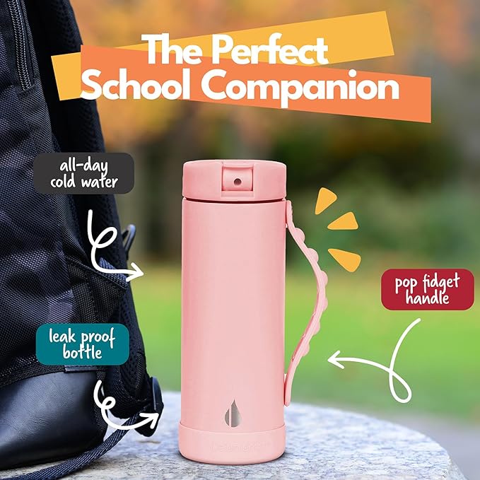 Elemental Iconic Kids Water Bottle for School - 100% Leak-Proof Insulated Water Bottles with Straw Lid & Pop-It Handle for Boys & Girls - Triple-Wall Insulated & BPA-Free, 14oz – Rose