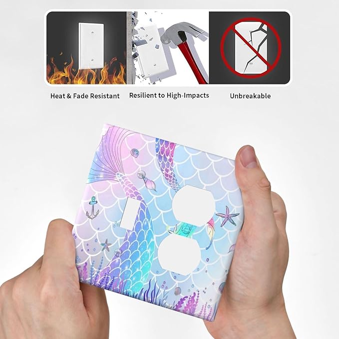 Cute Cartoon Purple Pink Mermaid Scales Tail 2-Gang Combination Wall Plate 1 Toggle 1 Duplex Receptacle Outlet Cover Kids Girls Room Ocean Theme Decorative Combo Device Light Switch Faceplate Cover