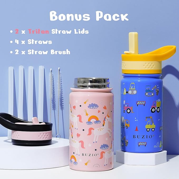 2 Pack Kids Water Bottle, BUZIO 14oz Insulated Stainless Steel Water Bottles with Tritan Straw Lid for toddler, Double Wall Leak Proof Lead-Free Drink Flask for School Boy Girl (Pink Unicorn+Blue Car)