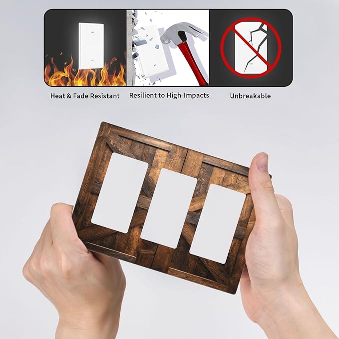 Decorative Outlet Covers Retro Brown Wood Barndoor 3 Gang Light Switch Cover Plate Triple Rocker Wall Plates for Electrical Outlets Switch Plate Covers for Farmhouse Home Decor