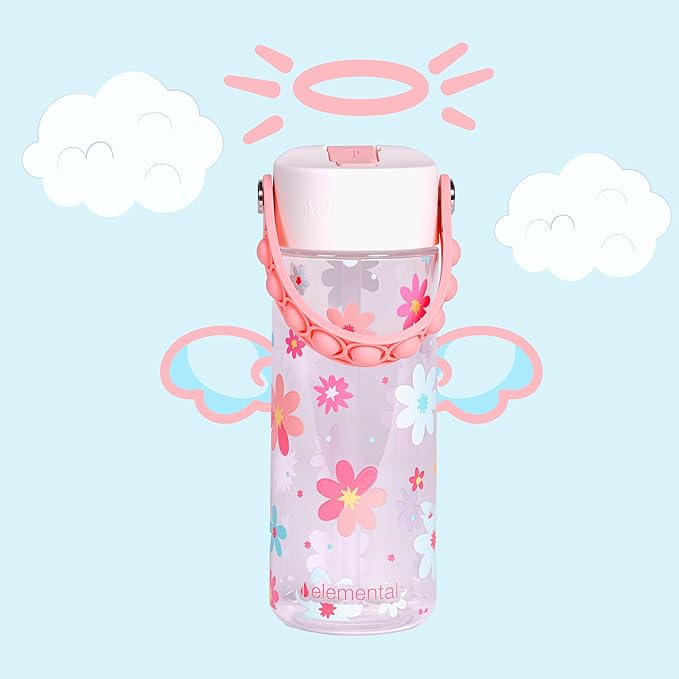 Elemental Water Bottles for Kids - Splash Kids Water Bottle for School with Pop-it Handle - BPA Free Tritan Plastic Water Bottle with Straw Leak Proof when Spout is Closed- Spring Blossom Clear-18oz