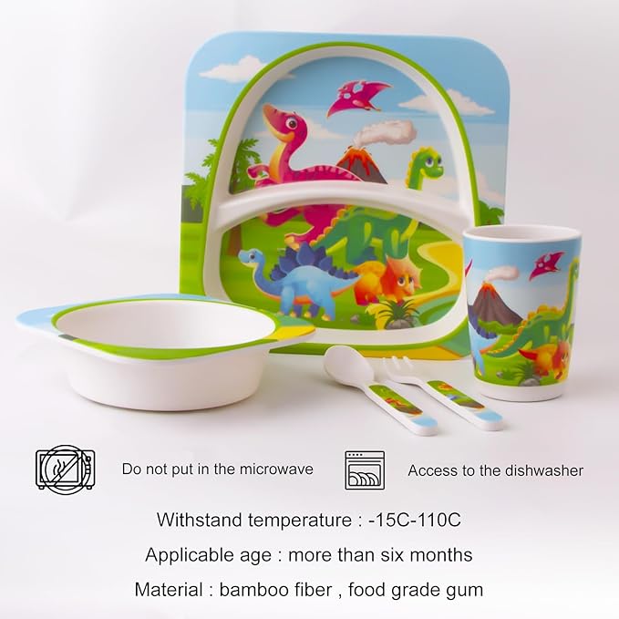 Qshare Bamboo Toddler Dinnerware Set,5Pcs Baby Plates and Bowls,Bamboo Kids Plates and Bowls Set,Kids Dishes Dinnerware Sets with Plate,Bowl,Cup,Fork and Spoon (Tyrannosaurus)