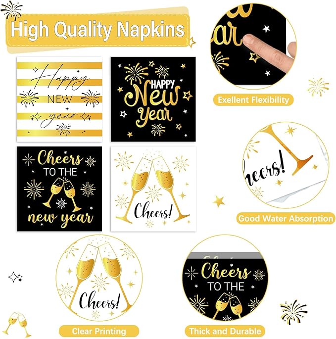 96Pcs New Years Party Supplies 2026 Black and Gold Themed Paper Plates Napkins Cheers Party Tableware Disposable Dinnerware Happy New Years Decorations Set for 2026 NYE Holiday Celebration Table Decor