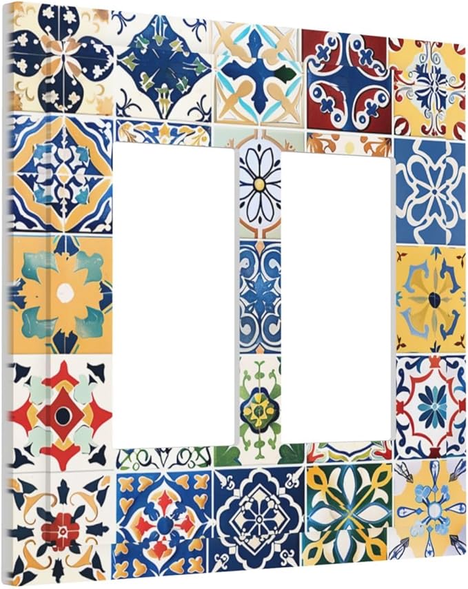 Decorative Outlet Covers Moroccan Traditional Mexican Talavera Til 2 Gang Double GFCI Rocker Electrical Wall Panels Light Switch Cover Plate for Kitchen Home Decor