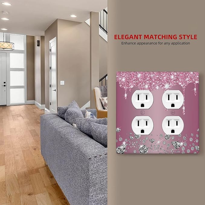 Decorative Outlet Covers Sparkling Diamonds Pink Silver Glitter Drops 2 Gang Wall Plate Cover Double Duplex Receptacle Two Switch Light Switch Cover Plate Jumbo Dual Face Plate