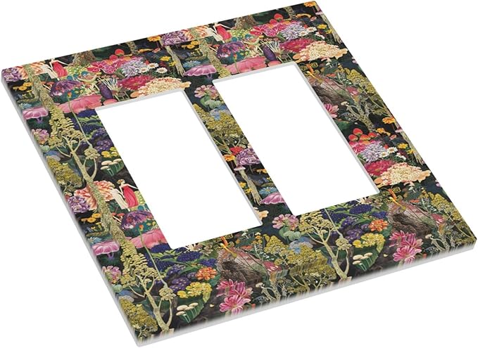 Dreamy Tropical Rainforest Colorful Mushroom Wildflower Decorative Outlet Covers 2 Gang Double GFCI Rocker Electrical Wall Panels Light Switch Cover Plate for Farmhouse Kids Room Decor