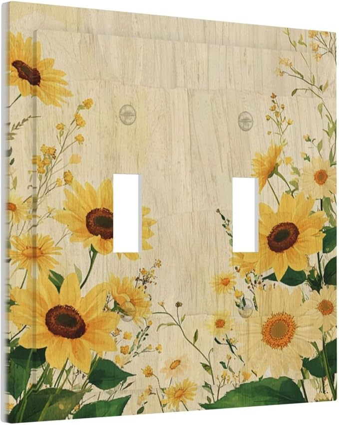Decorative Switch Plate Cover with Vintage Botanical Sunflower Field Design 2 Gang Wall Plate Unique Double Toggle Double Light Switch Covers for Nature Yellow Blooms Wall Decor