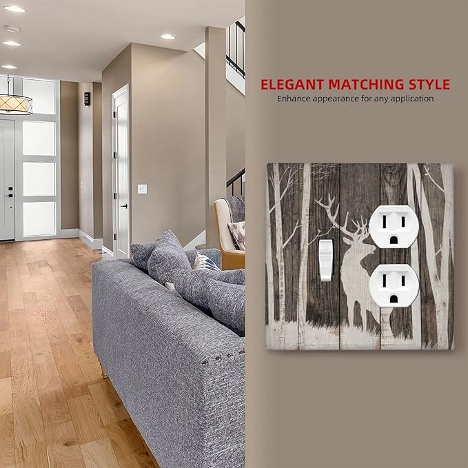 Vintage Wood Forest Deer Wildlife Animal Silhouette Wallplates 1 Toggle 1 Duplex Switch Plate Electrical GFCI Faceplate Decorative Light Switch Covers for Farmhouse Home Decor