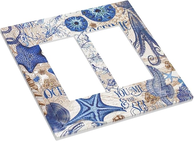 Decorative Outlet Covers Vintage Sea Blue Seahorse Starfish Octopus 2 Gang Double Gfci Rocker Electrical Wall Panels Light Switch Cover Plate For Kids Room Home Decor