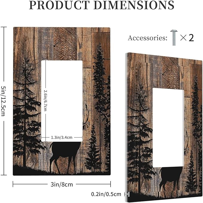Decorative Outlet Covers Rustic Forest Antler Elk Deer Silhouettes Animals Wood Grain 1 Gang Single Rocker Light Switch Cover Plate Wall Plates GFCI Faceplate for Farmhouse Home Decor