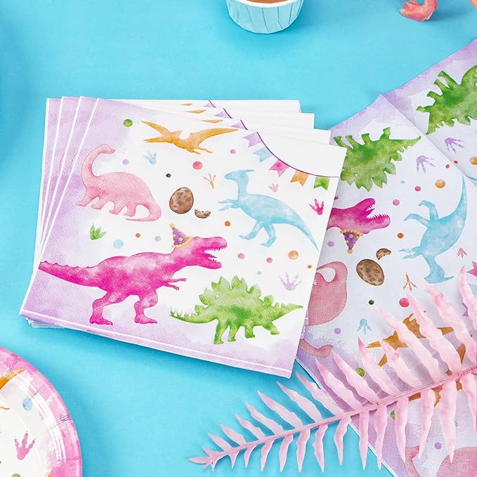 WERNNSAI Three Rex Birthday Decorations - 48 PCS 3rd Plates and Napkins Pink Dinosaur Birthday Decorations Dino Party Supplies Dinosaur Party Favors for Girls Serves 16 Guests