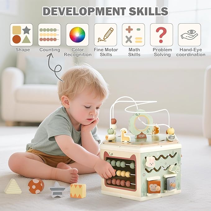 Joyreal Wooden Activity Cube - 11-in-1 Montessori Toys for 1+ Year Old Boys & Girls, Early Developmental Learning Toys for Toddlers and Kids, Ideal 1st Birthday Gift Toys for Baby(Animal Theme)