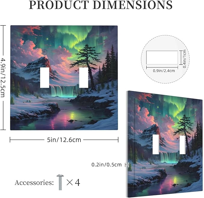 Snow Mountain Aurora Waterfalls Rivers Forest Decorative Switch Plates 2 Gang Double Toggle Outlet Light Switch Cover Wall Plate Electrical Faceplate for Bedroom Living Room Decor