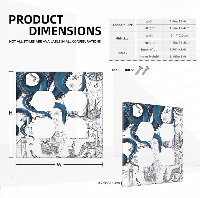 Nautical Vintage Map Octopus Mermaid Lighthouse Boat Outlet Covers 2 Gang Double Duplex Decorative Light Switch Covers Electrical Wallplates Socket Faceplate for Bathroom Kids Room Decor