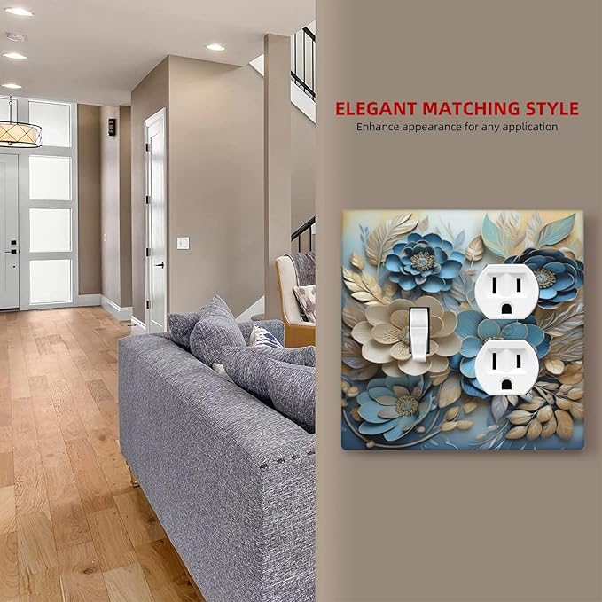 Decorative Art Light Switch Covers Blue and Creamy Floral 2 Gang Single Toggle Duplex Combination Electrical Faceplate Switchplate Wall Plate for Home Decor