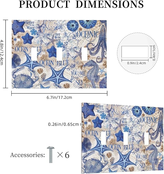 Decorative Switch Plates Vintage Sea Blue Seahorse Starfish Octopus 3 Gang Wall Plate Triple Toggle Light Switch Cover Faceplate Electrical Wall Panels For Kids Room Home Decor