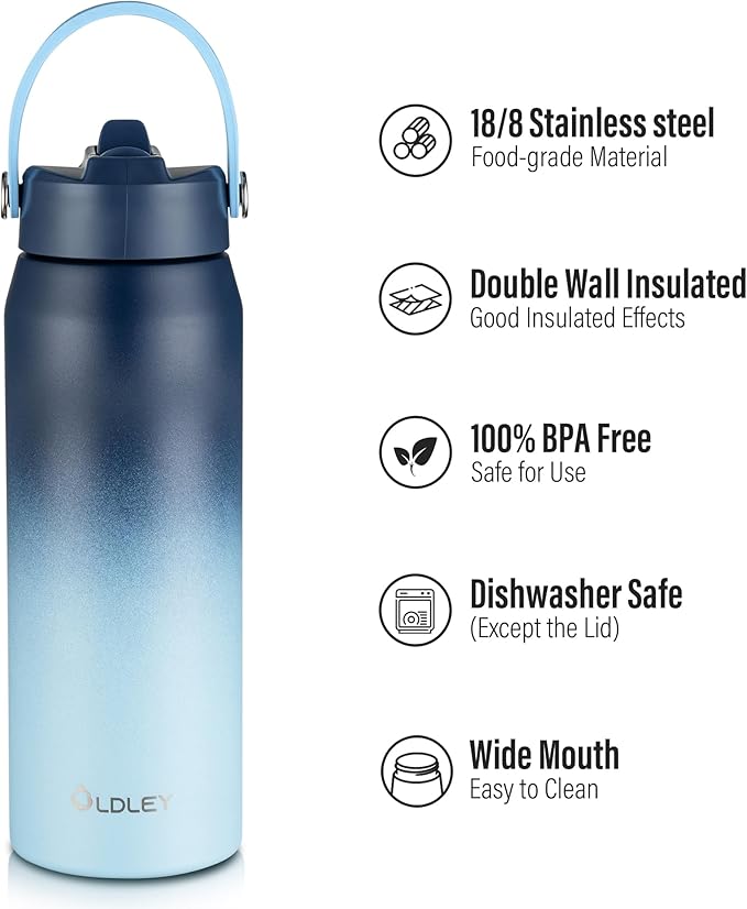 Oldley 24oz Insulated Water Bottle with Straw, Stainless Steel Water Bottle for Sports, Travel, School, BPA-Free Sports Bottles for Adult Kids, Leak-Proof, Blue Gradient