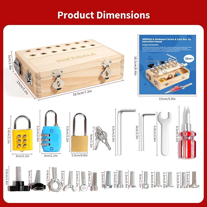 INIFEIDALA Montessori Busy Board - Wooden Sensory Activity Toy for 3-5 Year Olds with Locks, Keys & Screwdriver Tool Set | STEM Educational Gift for Fine Motor Skill Development