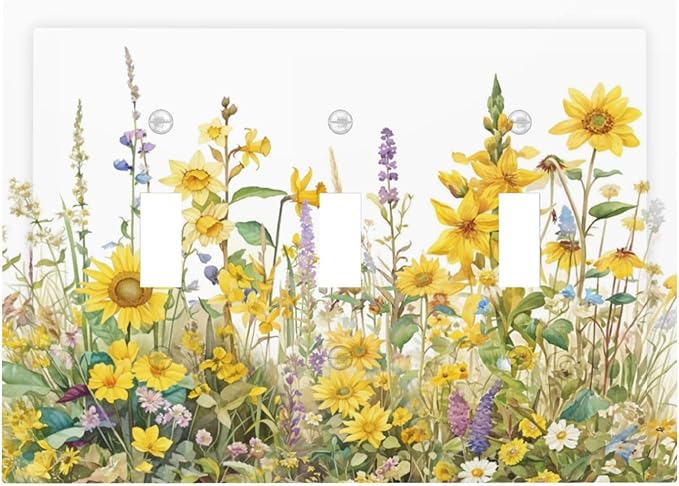 Wildflowers Sunflower Lavender Daisy Floral Decorative Switch Plates 3 Gang Wall Plate Triple Toggle Light Switch Cover Faceplate Electrical Wall Panels for Bedroom Living Room Decor
