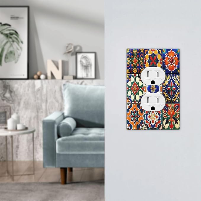 Outlet Covers Colorful Mexican Talavera Vintage Boho Floral 1 Gang Duplex Light Switch Cover Decorative Switch Plates Electrical Receptacle Faceplate Wall Plate for Kitchen Bathroom