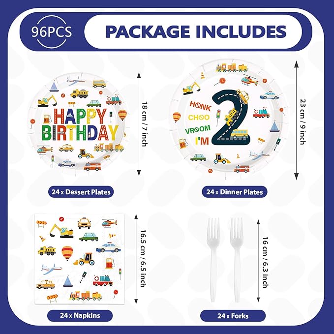 96Pcs 2nd Birthday Cars Party Supplies Transportation Theme Birthday Plates and Napkins Car Train Plane Sailboat Tableware Set for 2 Years Old Boy Vehicle Traffic Party Decorations Serves 24