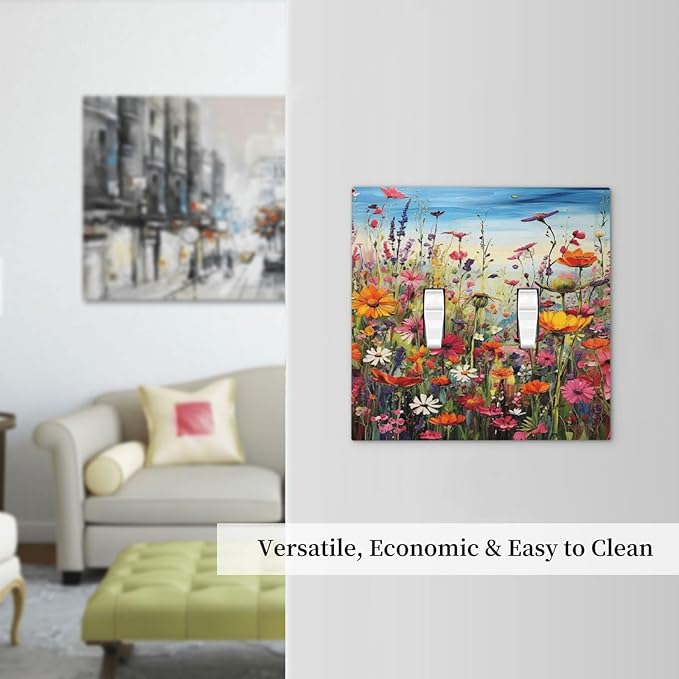 Colorful Wildflowers Painting Floral Flower Decorative Switch Plates 2 Gang Double Toggle Outlet Light Switch Cover Wall Plate Electrical Faceplate for Bedroom Living Room Decor